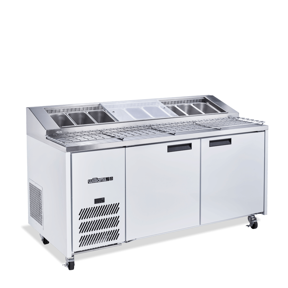 Williams Jade Pizza HJ2PCBA - 2 Door White Colorbond Pizza Prep Counter Fridge With Blown Air Well 1815mm 710L