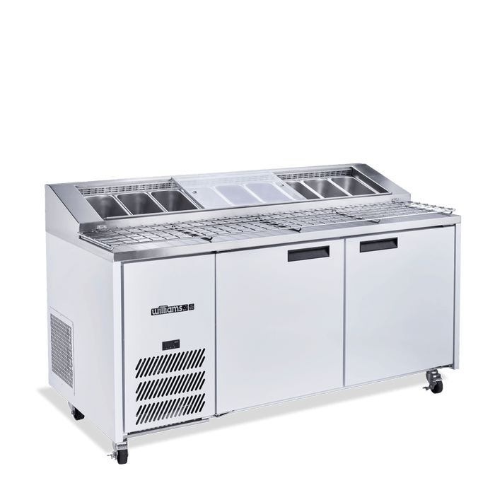 Williams Jade Pizza HJ2PCBA - 2 Door White Colorbond Pizza Prep Counter Fridge With Blown Air Well 1815mm 710L