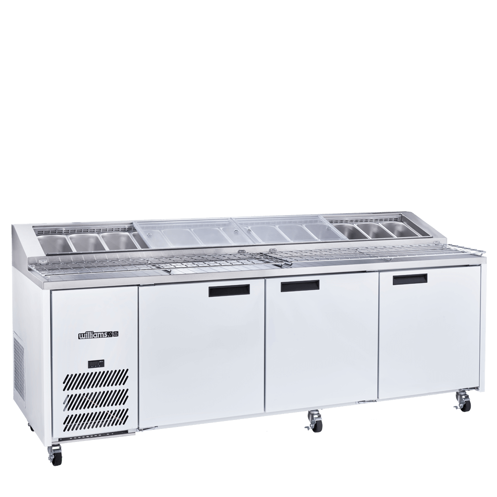 Williams Jade Pizza HJ3PCBA - 3 Door White Colorbond Pizza Prep Counter Fridge With Blown Air Well 2476mm 1070L