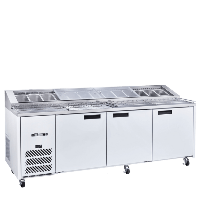 Williams Jade Pizza HJ3PCBA - 3 Door White Colorbond Pizza Prep Counter Fridge With Blown Air Well 2476mm 1070L