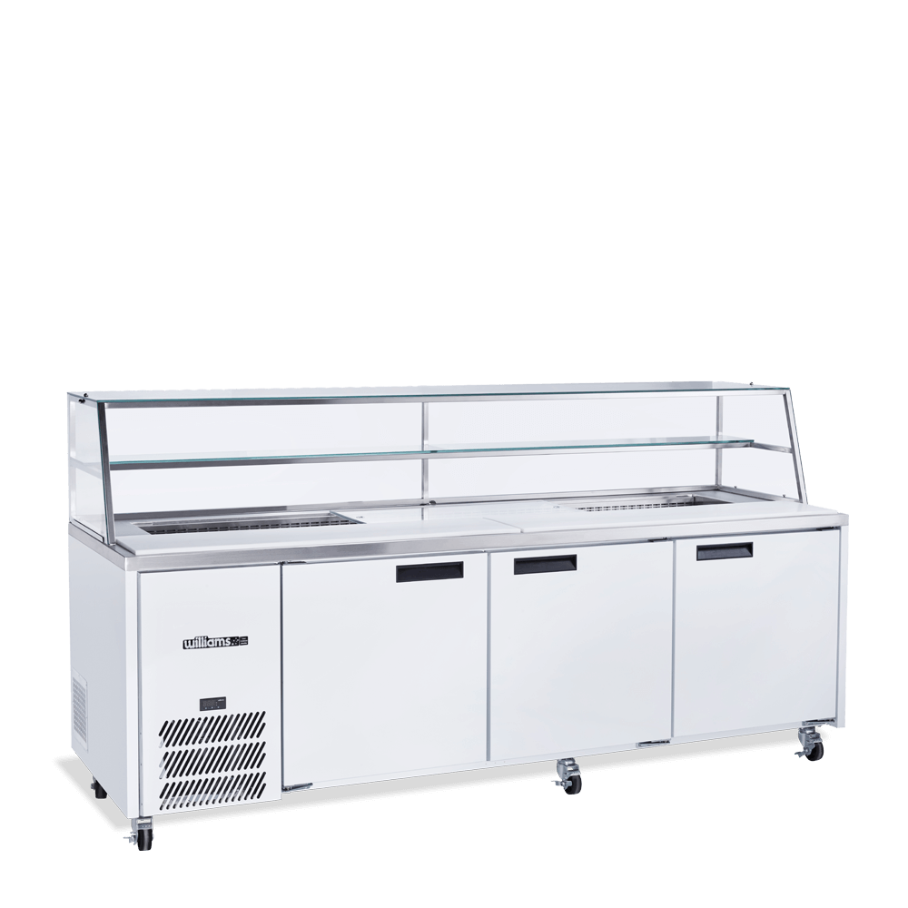 Williams Jade Sandwich HJ3SCBA - 3 Door White Colorbond Prep Counter Fridge With Blown Air Well 2476mm 750L