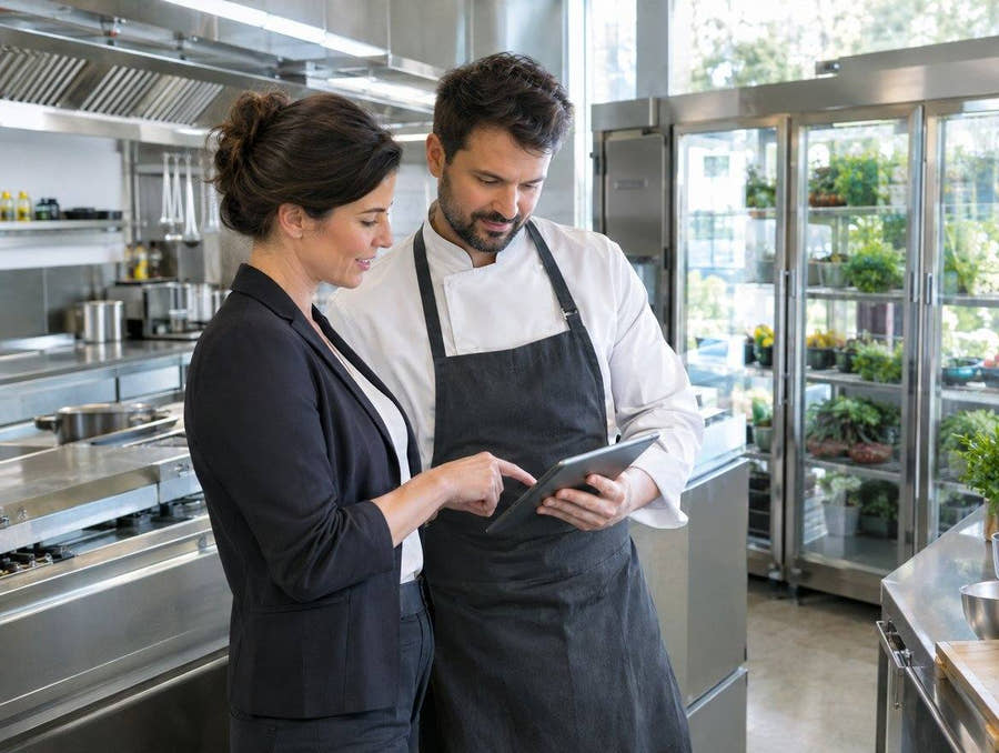 Restaurant owner and chef planning a kitchen fit-out