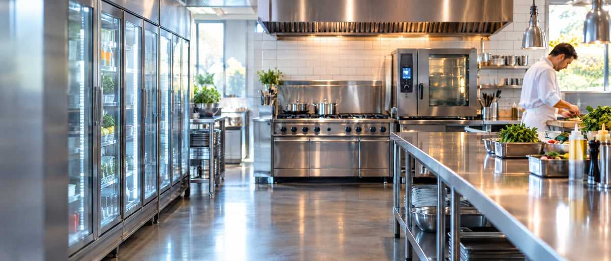 Modern commercial kitchen with display fridges and a cooking line