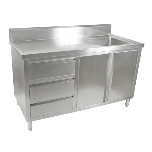 Modular Systems SC-6-1500R-H - Stainless Steel Sink Cabinet with Doors & Drawers, Right Sink 1500 x 600mm