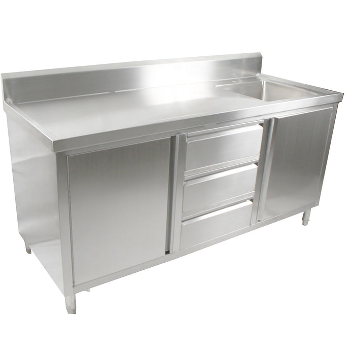 Modular Systems SC-6-2100R-H - Stainless Steel Sink Cabinet with Doors & Drawers, Right Sink 2100 x 600mm