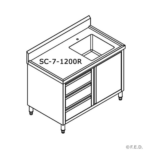 Modular Systems SC-7-1200R-H - Stainless Steel Sink Cabinet with Doors & Drawers, Right Sink 1200 x 700mm