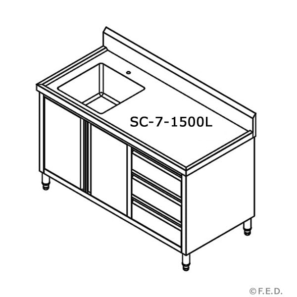 Modular Systems SC-7-1500L-H - Stainless Steel Sink Cabinet with Doors & Drawers, Left Sink 1500 x 700mm
