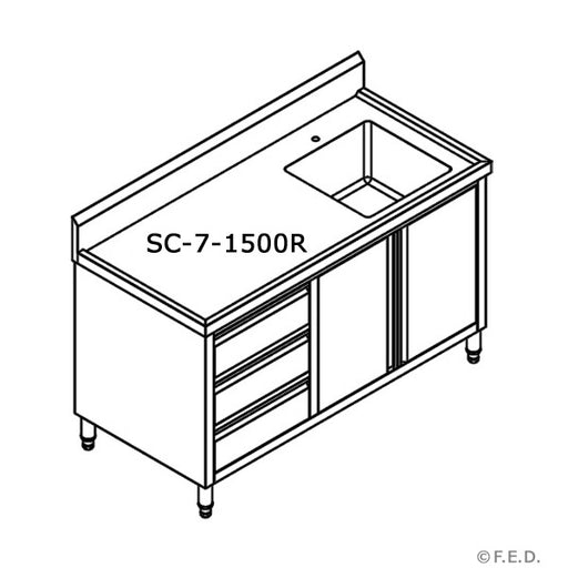 Modular Systems SC-7-1500R-H - Stainless Steel Sink Cabinet with Doors & Drawers, Right Sink 1500 x 700mm
