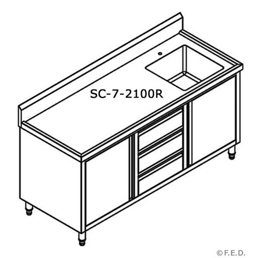 Modular Systems SC-7-2100R-H - Stainless Steel Sink Cabinet with Doors & Drawers, Right Sink 2100 x 700mm