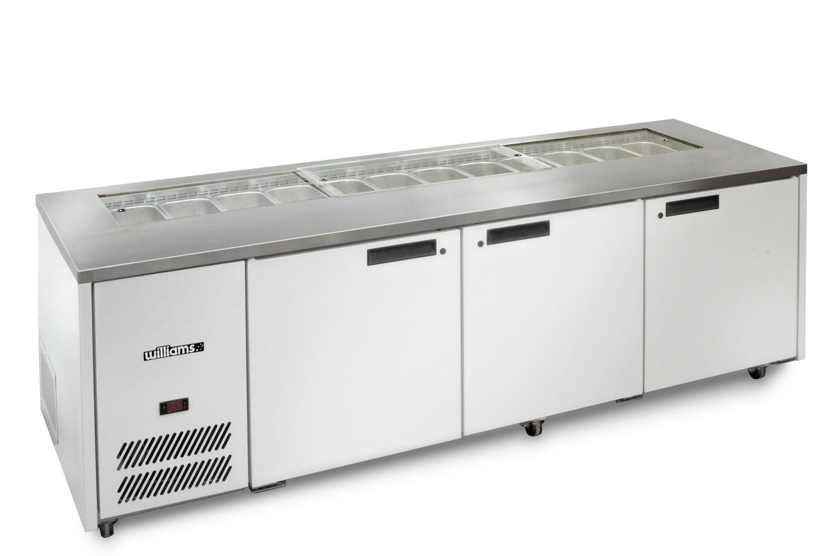 Williams Jade Sandwich HJ3SCBA - 3 Door White Colorbond Prep Counter Fridge With Blown Air Well 2476mm 750L