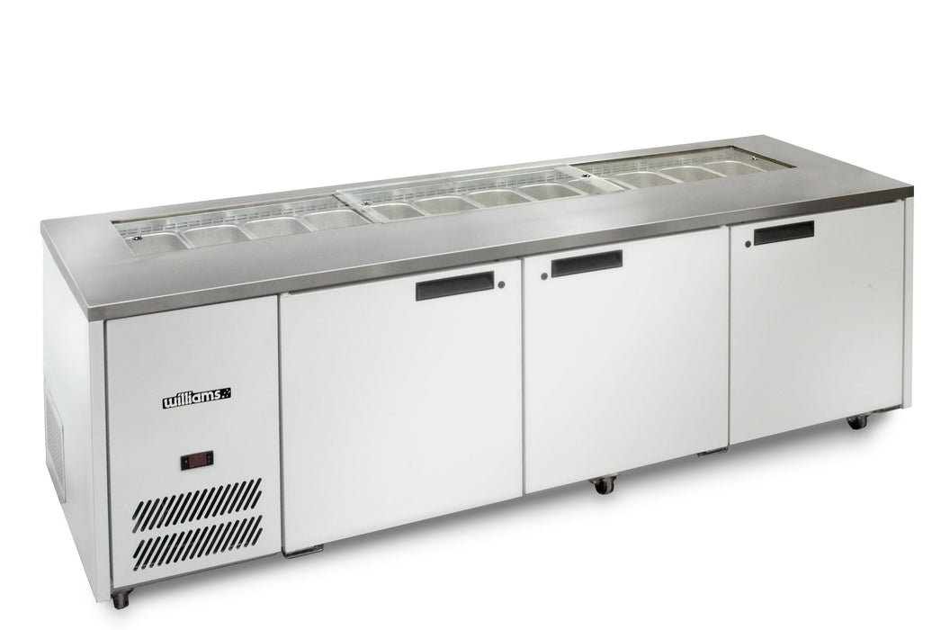 Williams Jade Sandwich HJ3SCBA - 3 Door White Colorbond Prep Counter Fridge With Blown Air Well 2476mm 750L