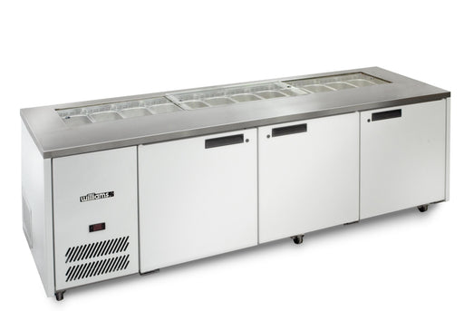 Williams Jade Sandwich HJ3SCBA - 3 Door White Colorbond Prep Counter Fridge With Blown Air Well 2476mm 750L