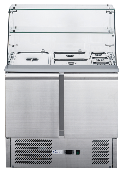 FED-X XS900GC - Two Door Salad Bench Fridge with Glass Canopy 900mm