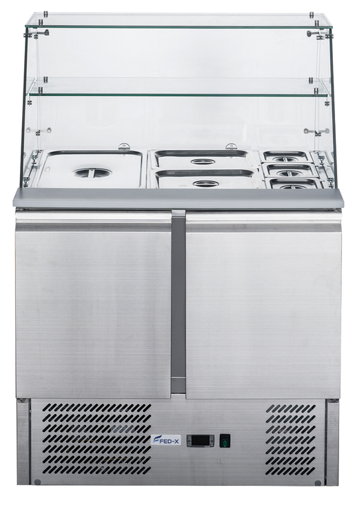 FED-X XS900GC - Two Door Salad Bench Fridge with Glass Canopy 900mm