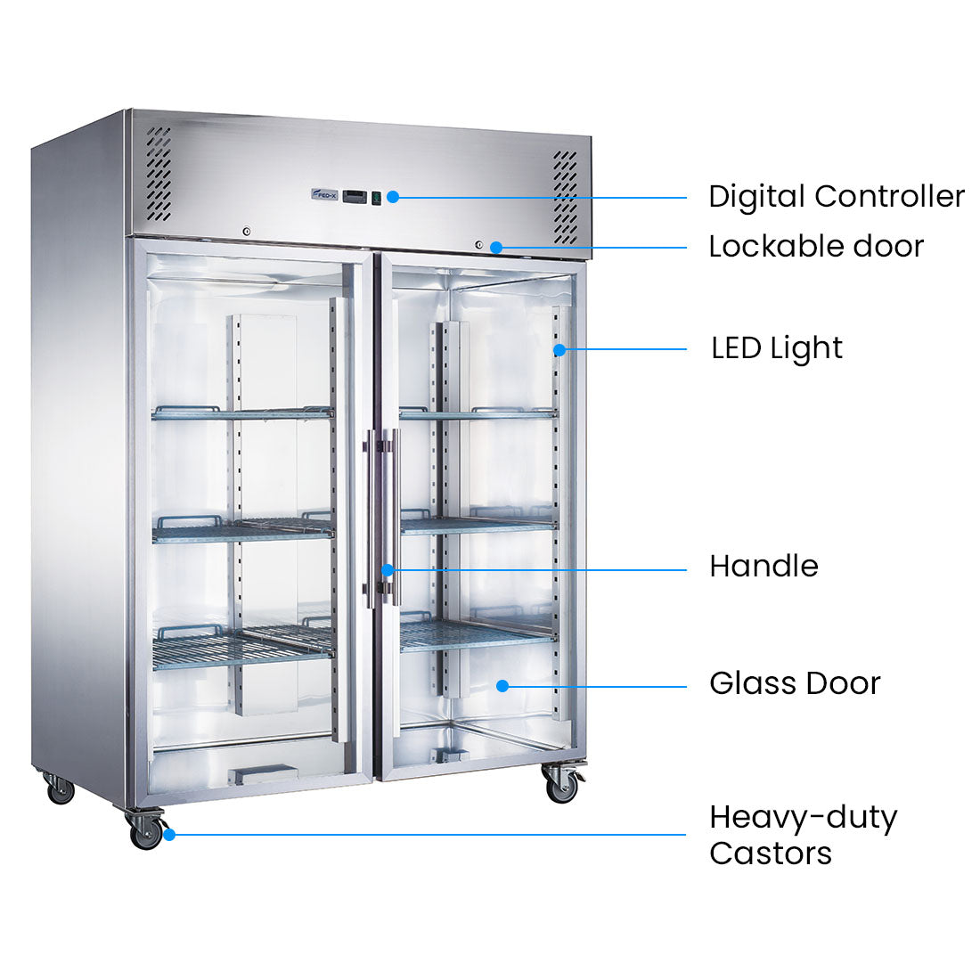 FED-X XURC1410G2V - Two Glass Door Stainless Steel Upright Fridge 1480mm 1410L - image 3