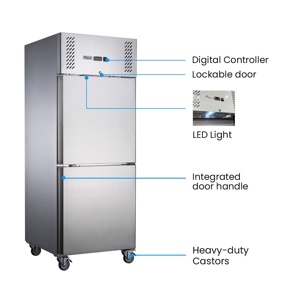 FED-X XURC650S1V - Split Two Door Stainless Steel Upright Fridge 740mm 650L - image 3
